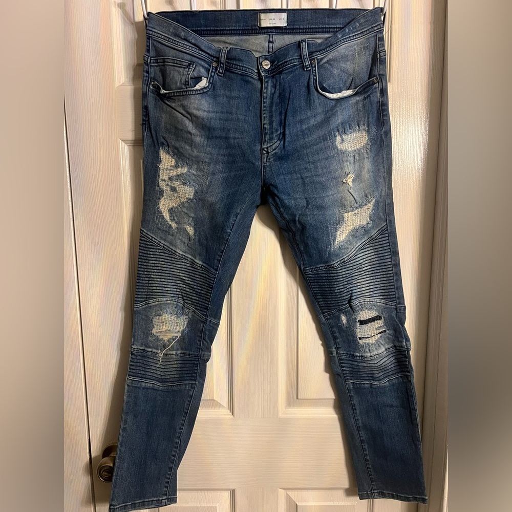 SOLD Zara Moto Motorcycle Distressed Biker Jeans 36 Slim fit medium wash